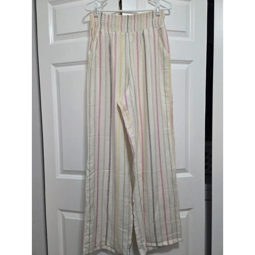 Urban Rebel Striped Cotton Pants Cream Pink Gray Blue Green Yellow Womens, Large - Picture 1 of 9
